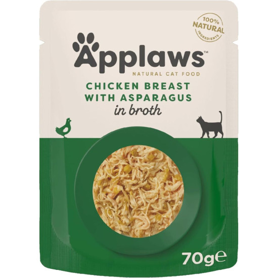 APPLAWS Natural – hrană umedă complementară pentru pisici, piept de pui și asparagus în supă, 70 g